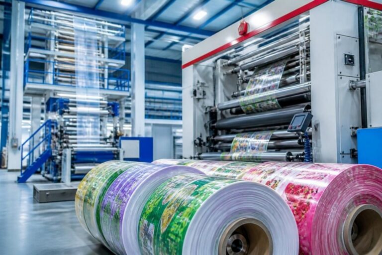 Printed flexible packaging film rolls beside a flexographic printing press at a packaging manufacturing plant