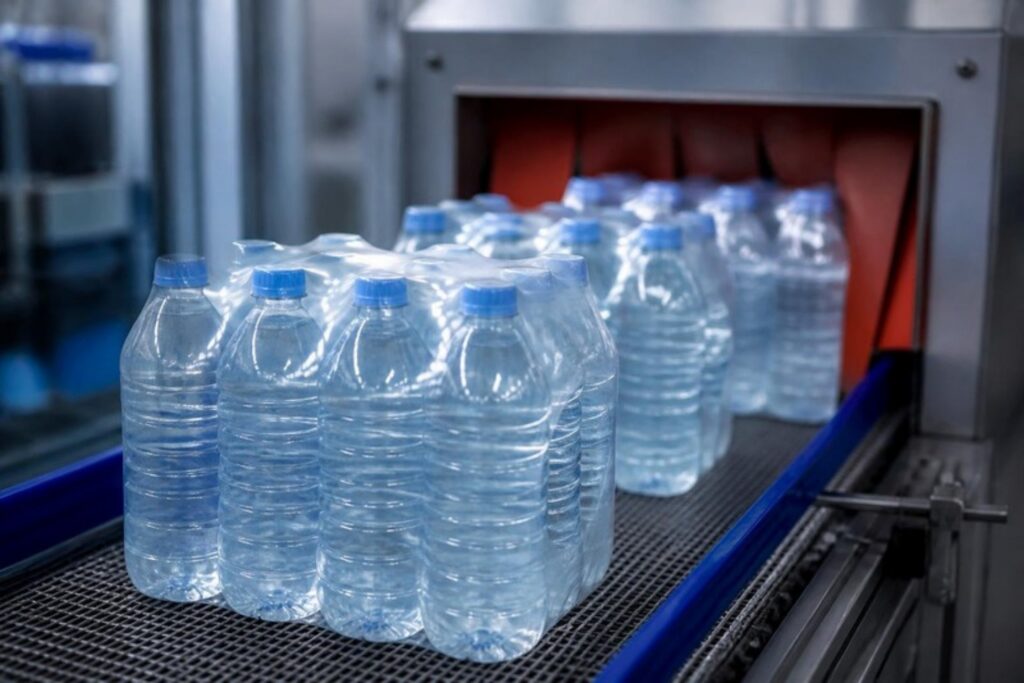 Bottled water multipacks wrapped in clear shrink film leaving a shrink tunnel on a high-volume beverage packaging line