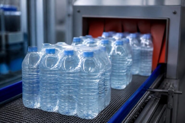 Bottled water multipacks wrapped in clear shrink film leaving a shrink tunnel on a high-volume beverage packaging line